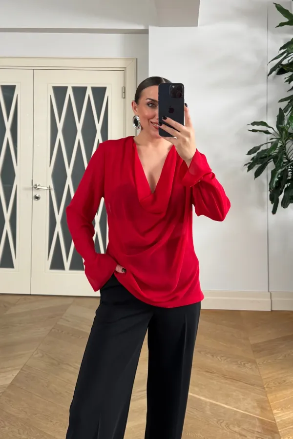 Blouse with V-neck and Sleeve Details