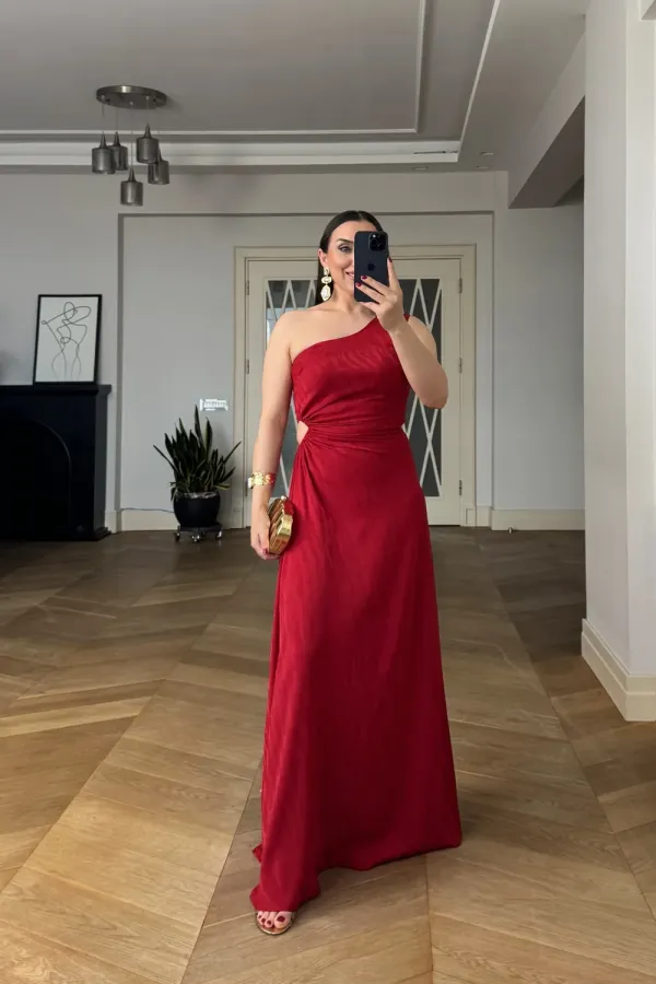 One-Sleeve Long Dress with Waistline Cutout One-Sleeve Long Dress with Waistline Cutout