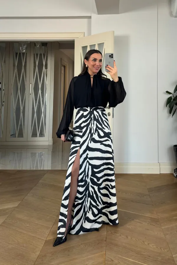 Zebra Desenli Yırtmaçlı Uzun Etek