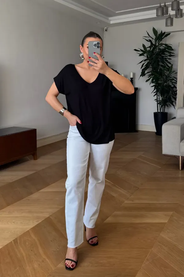 T-shirt femme à manches courtes et col en V devant et dos