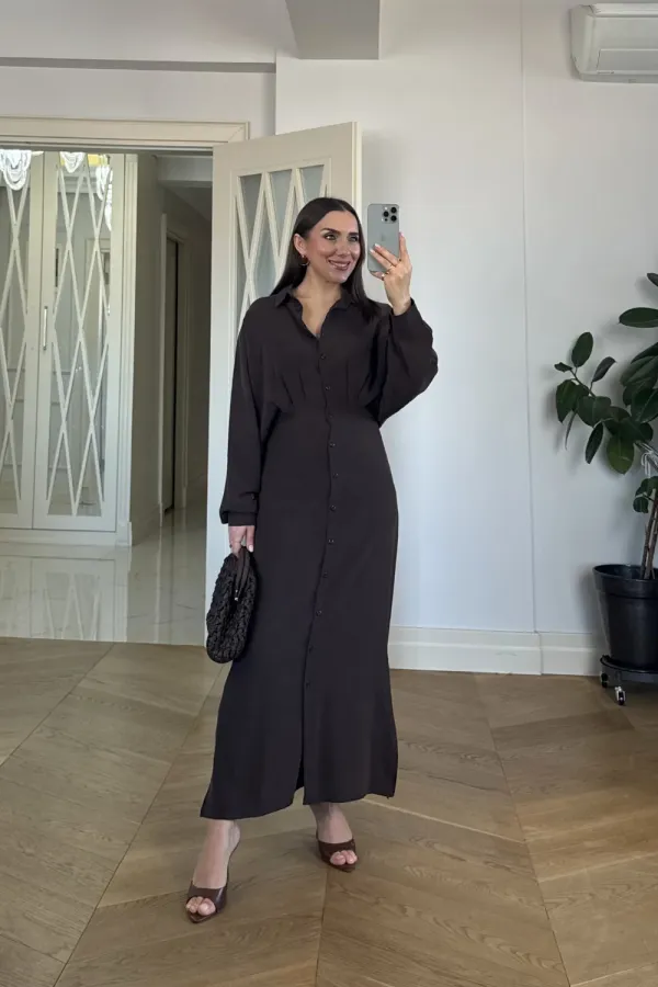 Kuşak Detaylı Uzun Kollu Gömlek Elbise