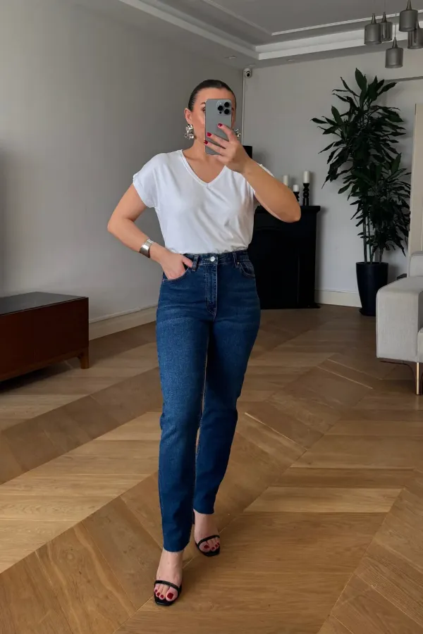 Kesik Paça Boyfit Kadın Denim Pantolon