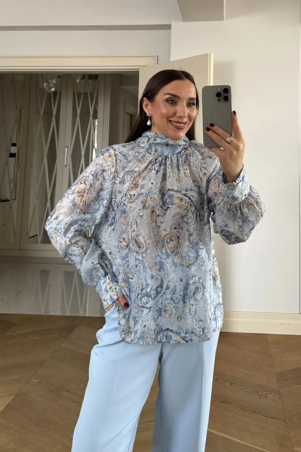 Chemisier à manches longues et col châle à motifs