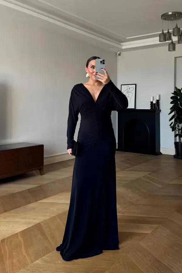 Büzgülü Uzun Kollu Uzun Elbise