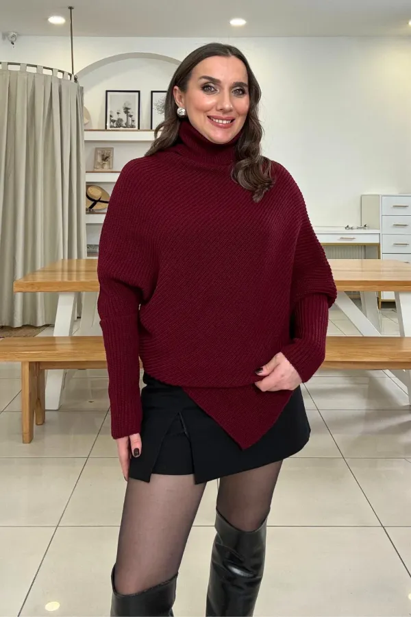 Balıkçı Yaka Asimetrik Triko Kadın Kazak