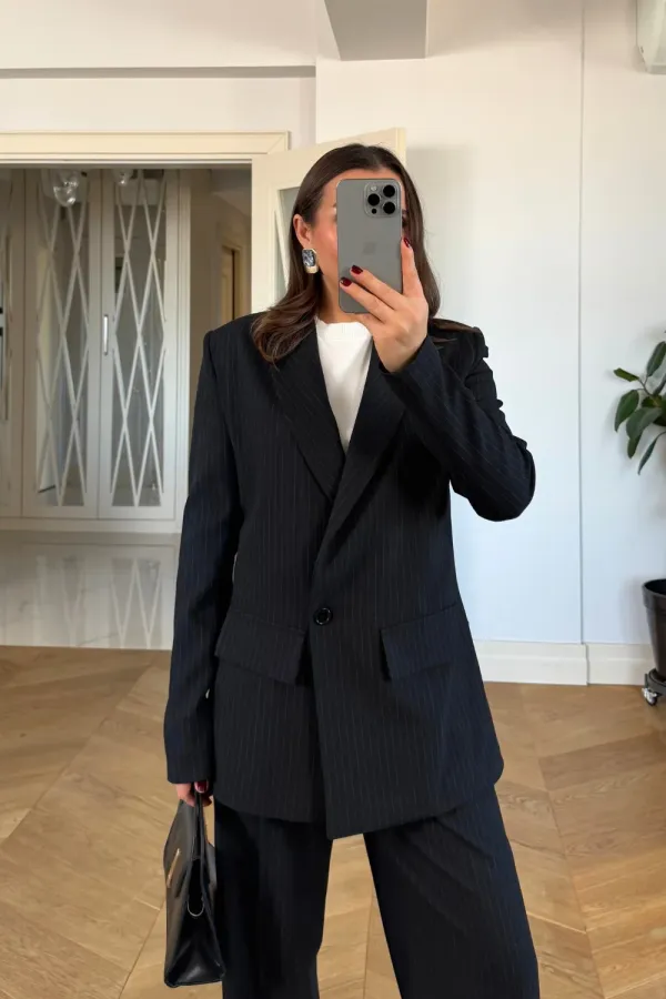 Kruvaze Çizgili Blazer Ceket Pantolon Kadın Takım Kruvaze Çizgili Blazer Ceket Pantolon Kadın Takım