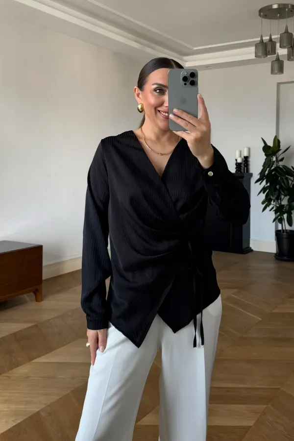 Kruvaze Bağlamalı Uzun Kollu Bluz