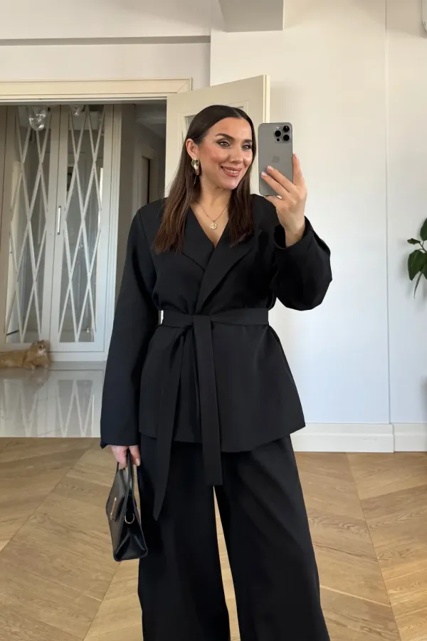 Kuşaklı Ceket Pantolon Kadın Takım