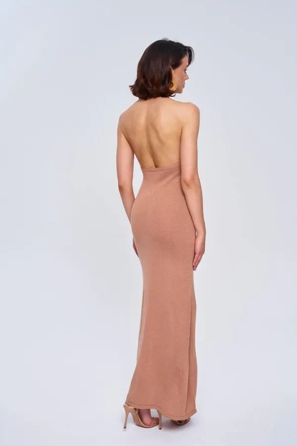 Boyundan Geçmeli Triko Uzun Elbise