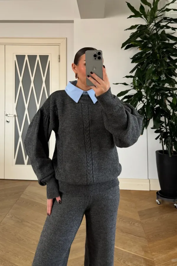 Gömlek Yaka Triko Kadın Kazak