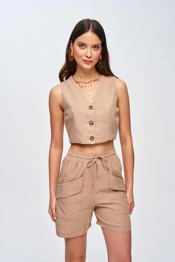 Keten Yelek Şort Kadın Takım