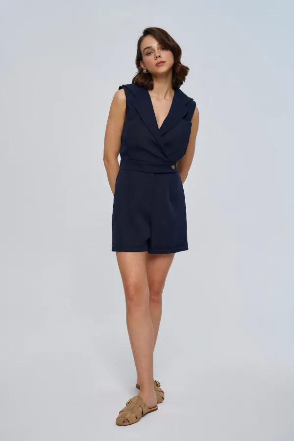 Kruvaze Yaka Kısa Kadın Tulum