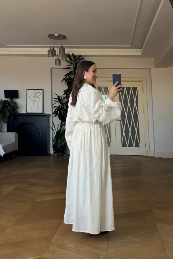 Linen Blend Long-Sleeved Blouse and Skirt Set