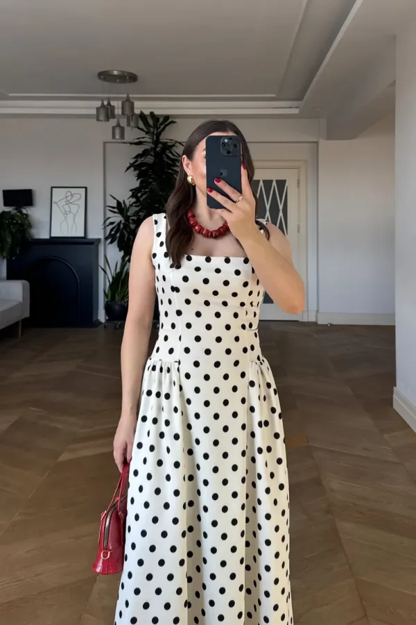 Square Neck Polka Dot Strappy Midi Dress Square Neck Polka Dot Strappy Midi Dress