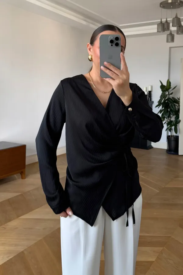 Kruvaze Bağlamalı Uzun Kollu Bluz