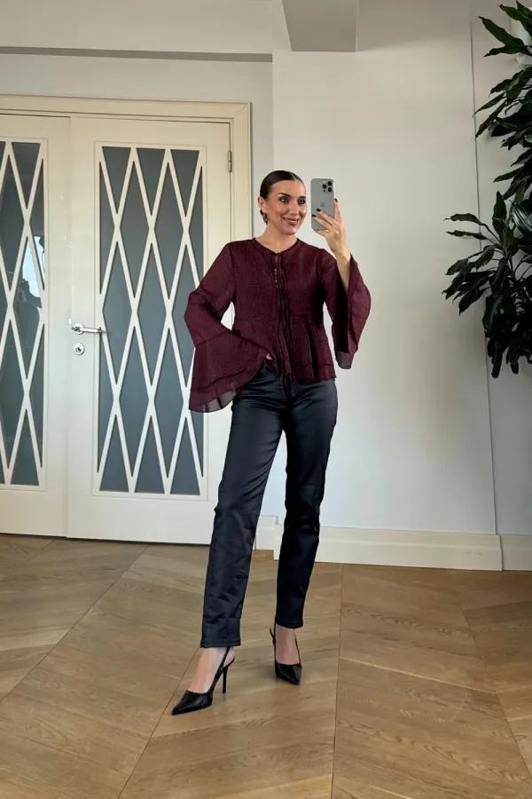 Yakası Bağlamalı Şifon Bluz