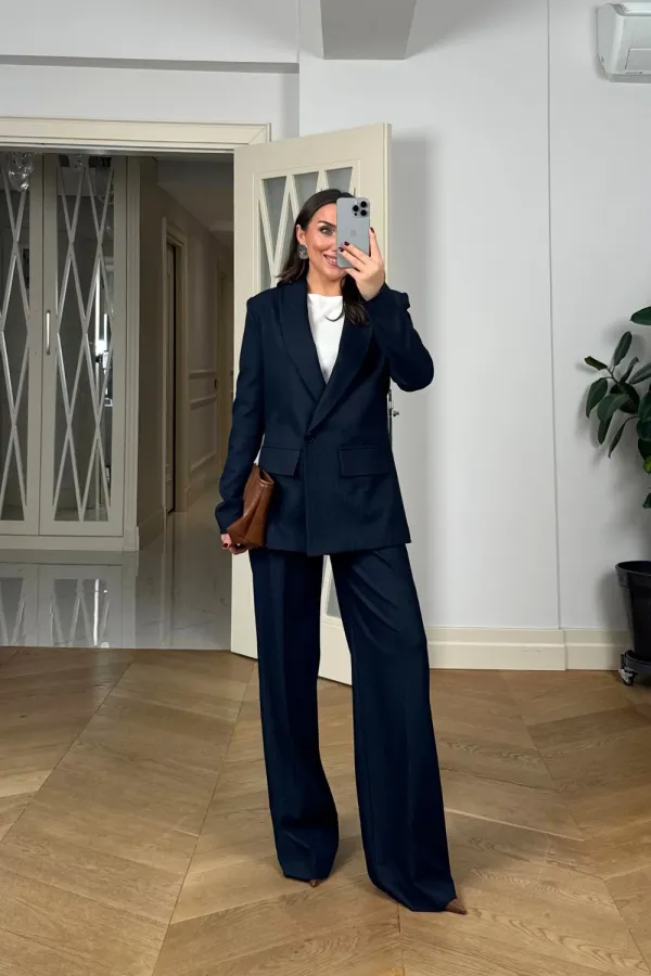 Kruvaze Çizgili Blazer Ceket Pantolon Kadın Takım Kruvaze Çizgili Blazer Ceket Pantolon Kadın Takım