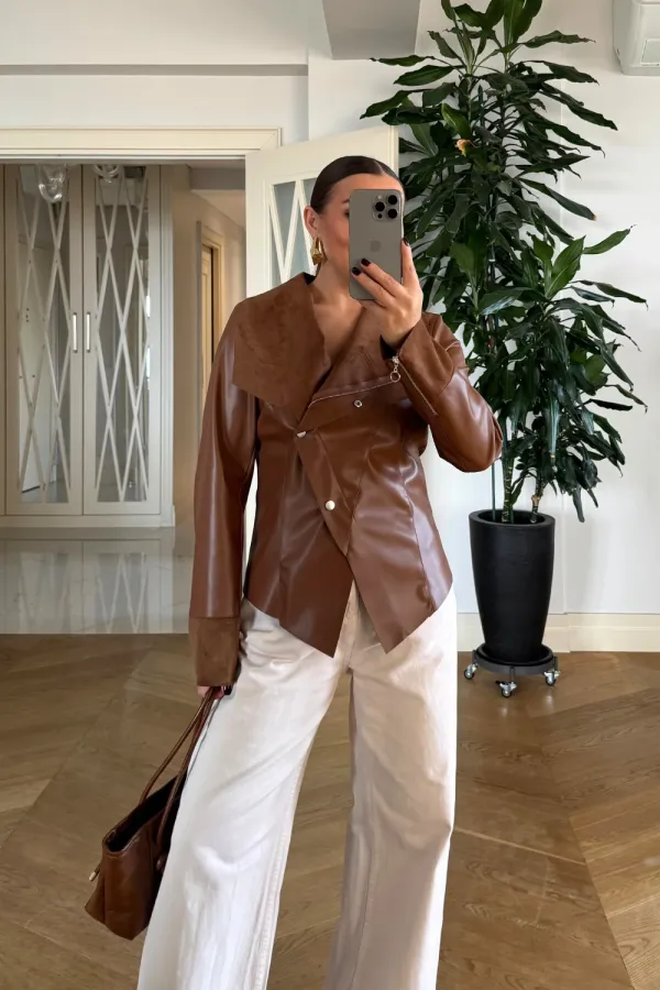 Suni Deri Çıtçıtlı Kadın Ceket