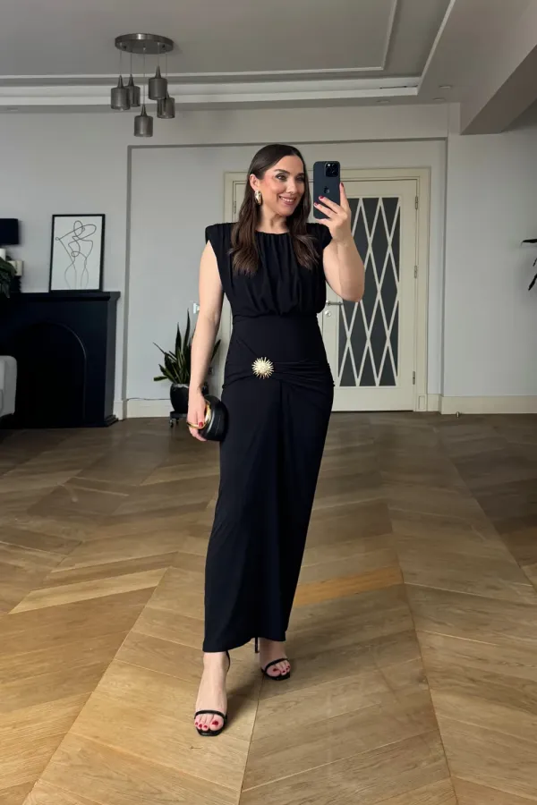 Sleeveless Long Dress with Gathered Detail and Padded Shoulders Sleeveless Long Dress with Gathered Detail and Padded Shoulders