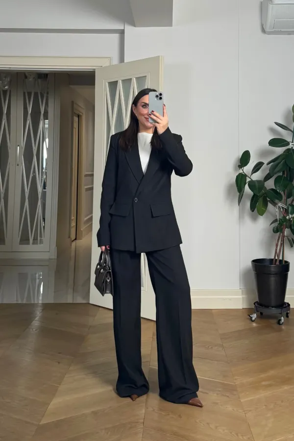 Kruvaze Çizgili Blazer Ceket Pantolon Kadın Takım