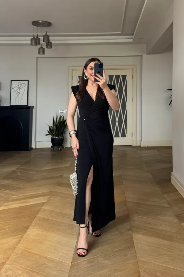 Wrap-Neck Padded Long Dress Wrap-Neck Padded Long Dress