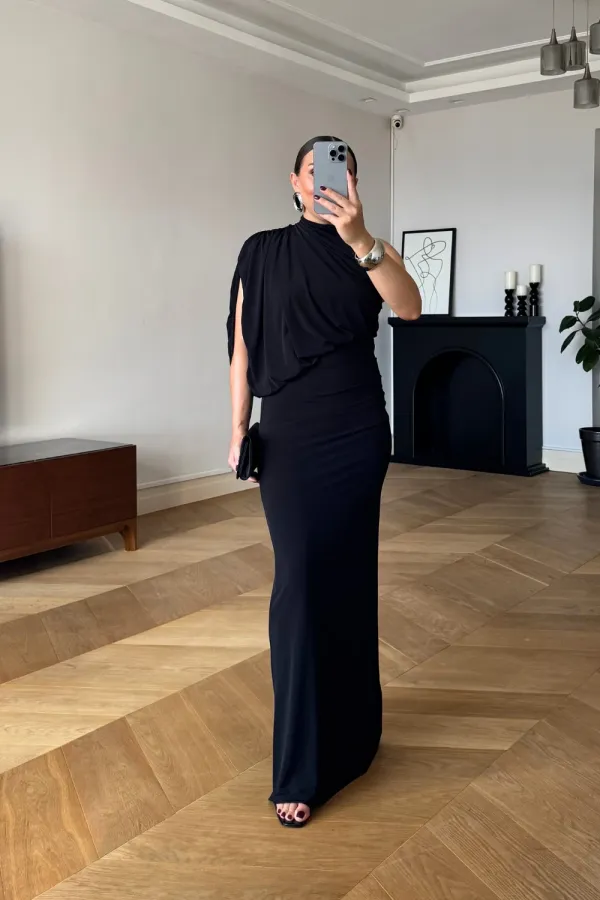 Tek Omuz Drape Detaylı Uzun Elbise
