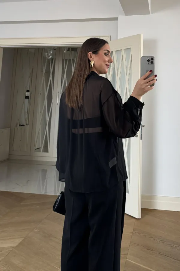 Chemisier en mousseline à manches longues et col mandarin