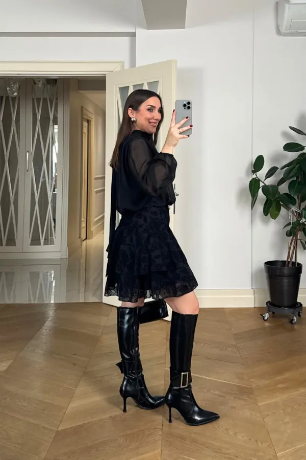 Pile Detaylı Şifon Mini Elbise