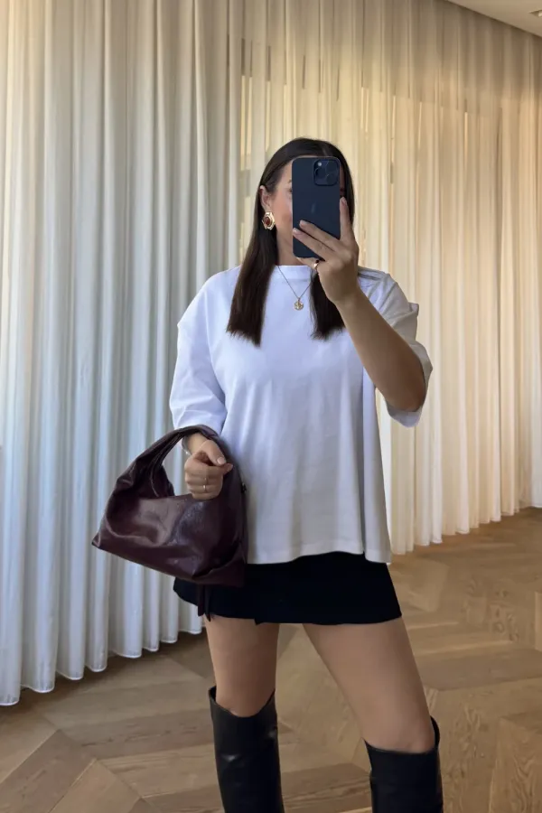 Oversize Bisiklet Yaka Kadın Tişört