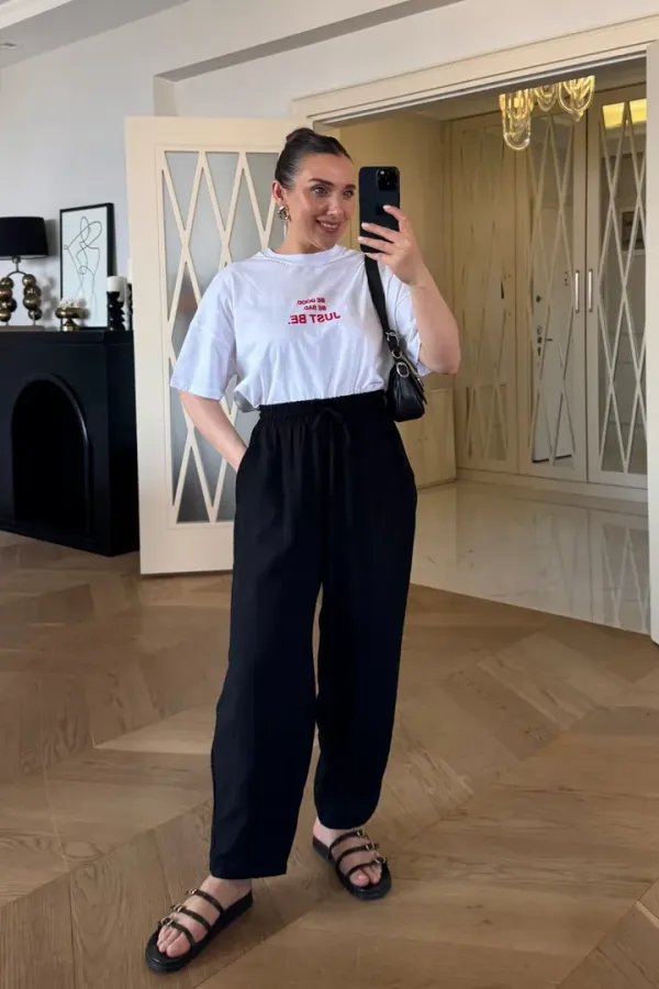 Bisiklet Yaka Baskılı Kısa Kollu Kadın Tişört %100 Pamuk