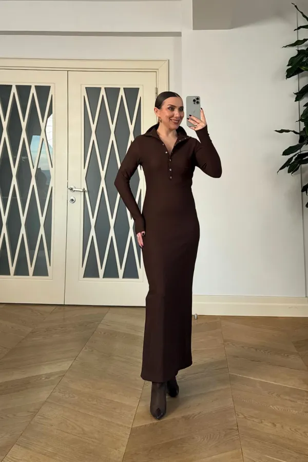 Fitilli Dik Yaka  Uzun Kollu Uzun Elbise