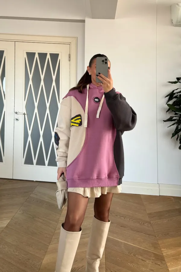 Blok Renkli Kapüşonlu Kadın Sweatshirt