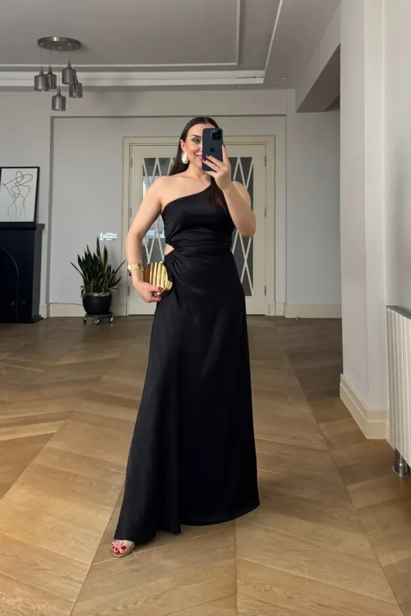 One-Sleeve Long Dress with Waistline Cutout One-Sleeve Long Dress with Waistline Cutout