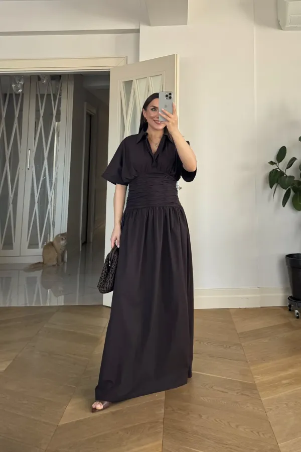 Gömlek Yaka Drapeli Uzun Elbise