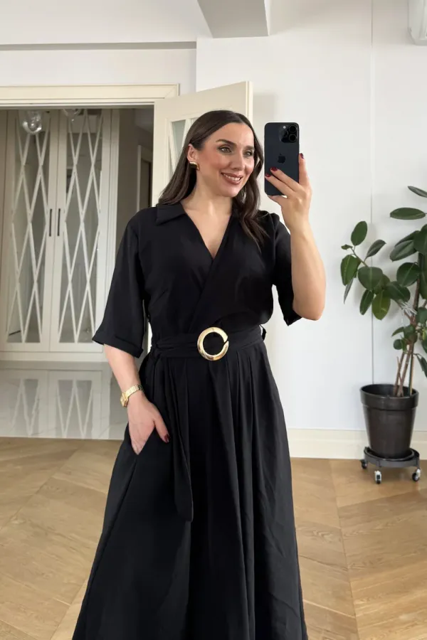 Kruvaze Yaka Kısa Kollu Uzun Elbise