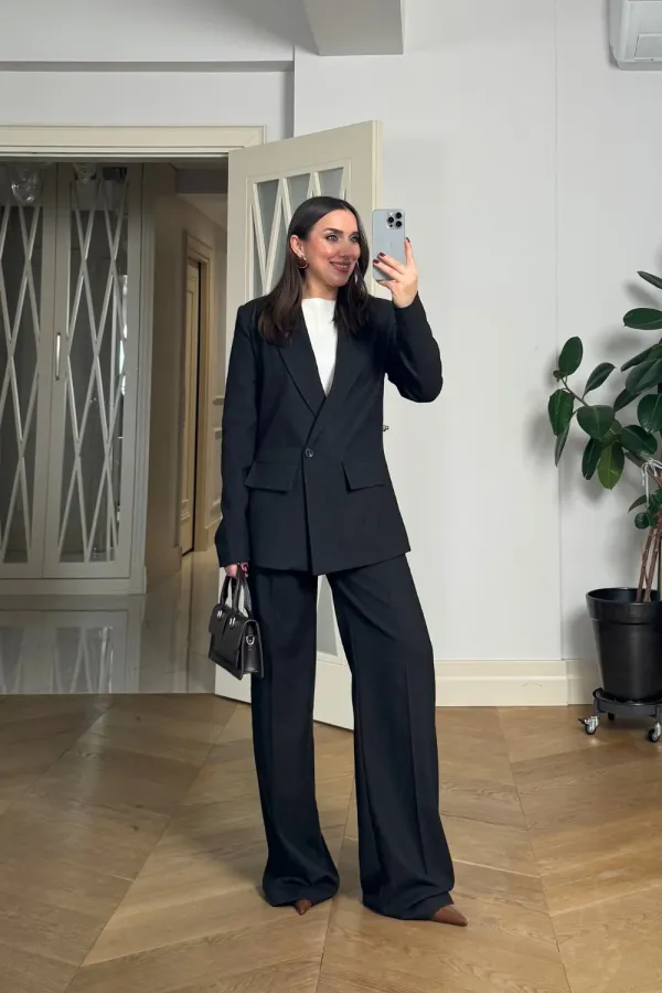Kruvaze Çizgili Blazer Ceket Pantolon Kadın Takım