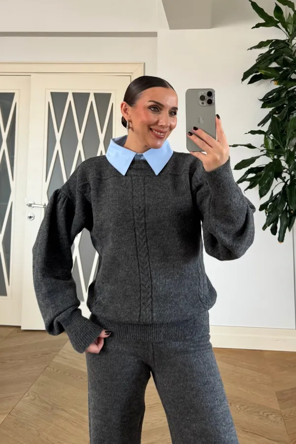 Gömlek Yaka Triko Kadın Kazak