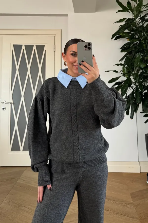 Gömlek Yaka Triko Kadın Kazak