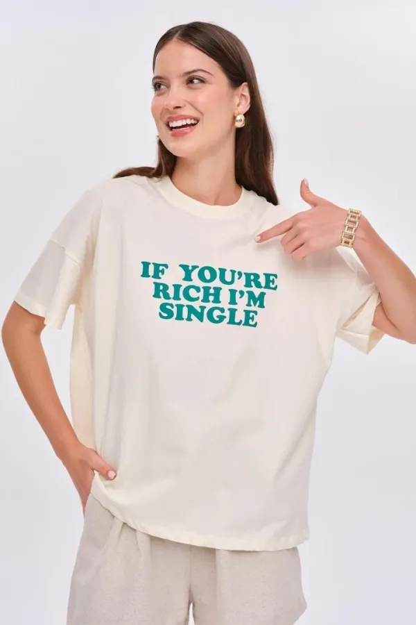 Oversize Bisiklet Yaka Baskılı Kadın Tişört