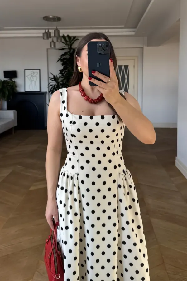 Square Neck Polka Dot Strappy Midi Dress Square Neck Polka Dot Strappy Midi Dress
