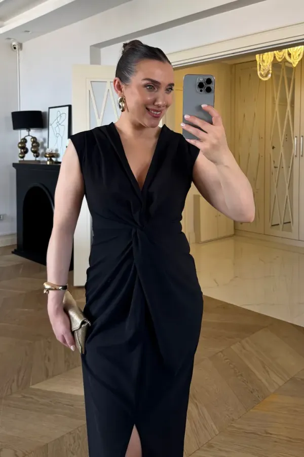 Düğüm Detaylı Sıfır Kol Midi Elbise