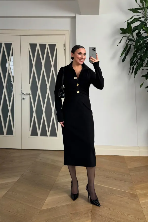 Kadife Dokulu Midi Gömlek Elbise