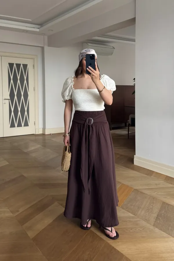Beli Lastikli Müslin Midi Etek Beli Lastikli Müslin Midi Etek