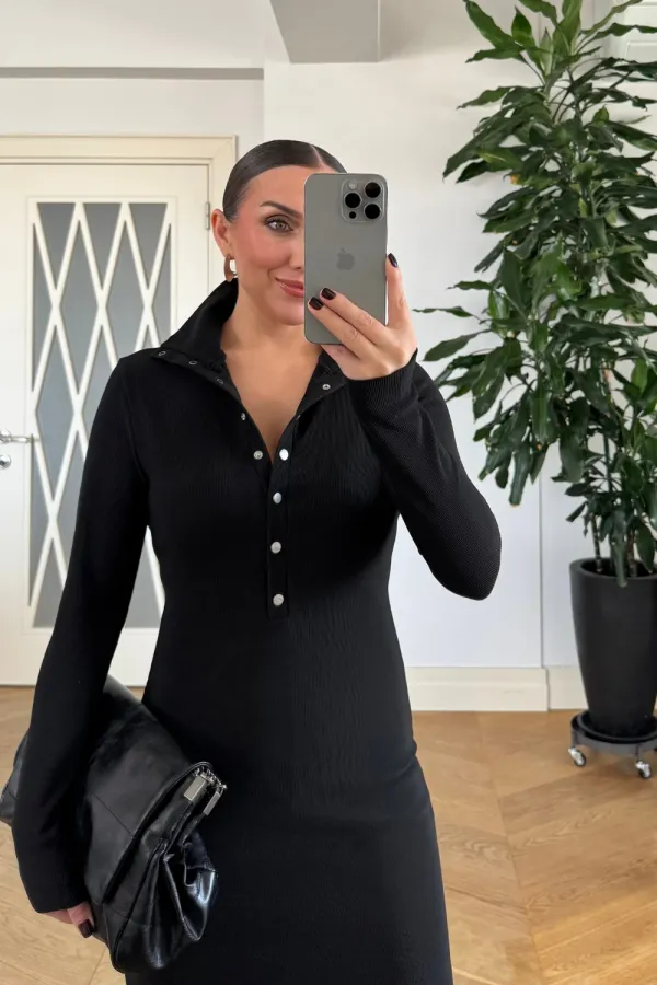 Fitilli Dik Yaka  Uzun Kollu Uzun Elbise