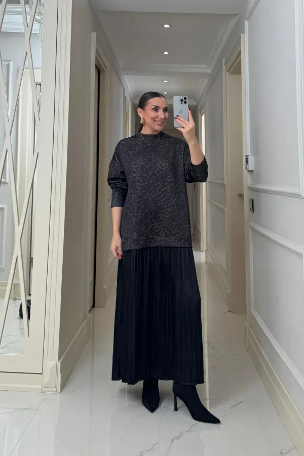 Leopar Desenli Sweat Uzun Elbise