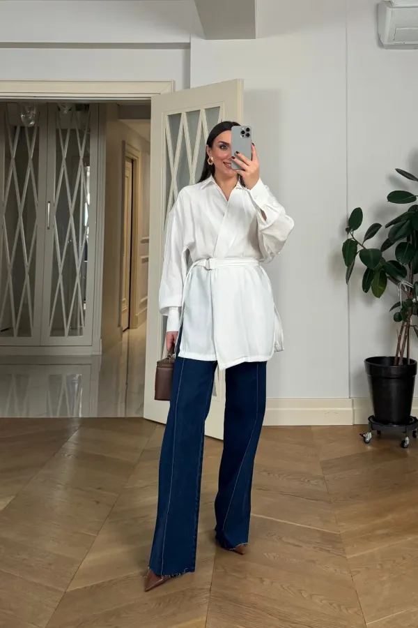 Kruvaze Kemerli Uzun Kollu Bluz