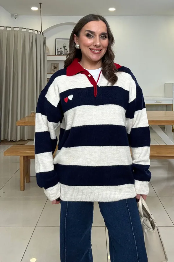 Polo Yaka Çizgili Triko Kadın Kazak