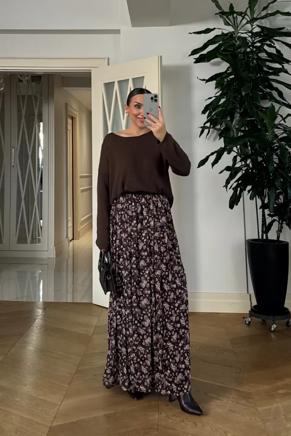 Desenli Beli Lastikli Şifon Etek