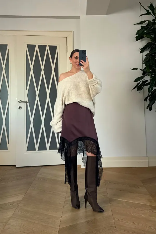 Dantelli Saten Mini Etek