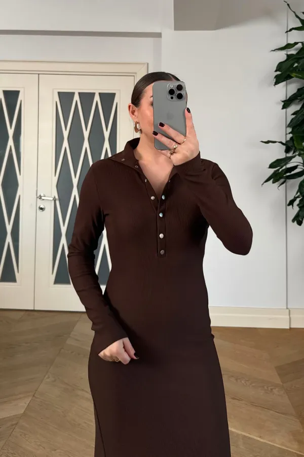 Fitilli Dik Yaka  Uzun Kollu Uzun Elbise